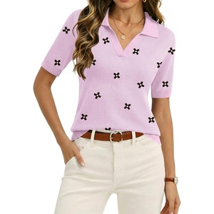 Zeagoo Womens Polo Sweater Short Sleeve V Neck Knitted Business Casual Tops(Floral Pink)