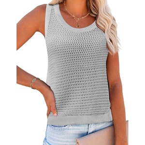 Zeagoo Womens Summer Crochet Sweater Tank Tops Hollow Sleeveless Tops(Light Grey)
