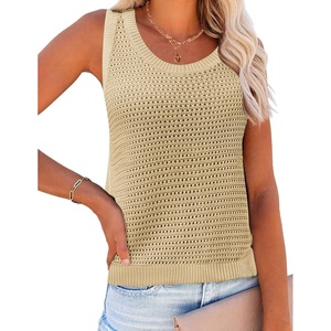 Zeagoo Womens Summer Crochet Sweater Tank Tops Hollow Sleeveless Tops(Light Khaki)