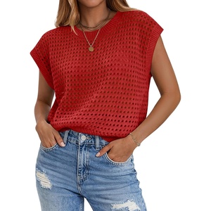 Zeagoo Womens Summer Crochet Tops Cap Sleeve Hollow Pullover Sweater Vest(Red)