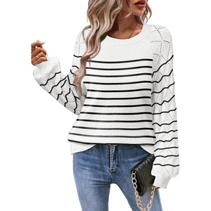 Zeagoo Womens Sweaters 2026 Long Sleeve Crew Neck Lightweight Pullover Knitted Cute Fall Fashion Tops(Stripe White)