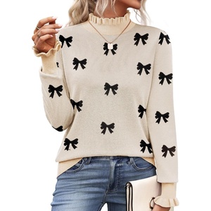 Zeagoo Women’s Turtleneck Sweater Fall Ruffle Dressy Knit Long Sleeve Tops(Black Bow)