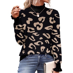 Zeagoo Women’s Turtleneck Sweater Fall Ruffle Dressy Knit Long Sleeve Tops(Black Leopard)