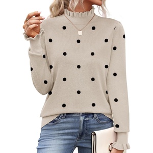 Zeagoo Women’s Turtleneck Sweater Fall Ruffle Dressy Knit Long Sleeve Tops(Khaki Polka Dots)