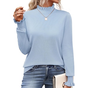 Zeagoo Women’s Turtleneck Sweater Fall Ruffle Dressy Knit Long Sleeve Tops(Light Blue)
