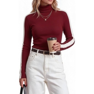 Zeagoo Womens Turtleneck Sweater Long Sleeve Tops Basic Fall Clothes(A2-red Contrast Stripe)