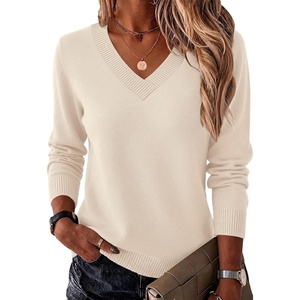 Zeagoo Womens V Neck Sweaters Long Sleeve Tops Lightweight Fall Clothes(Beige)