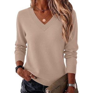Zeagoo Womens V Neck Sweaters Long Sleeve Tops Lightweight Fall Clothes(Khaki)