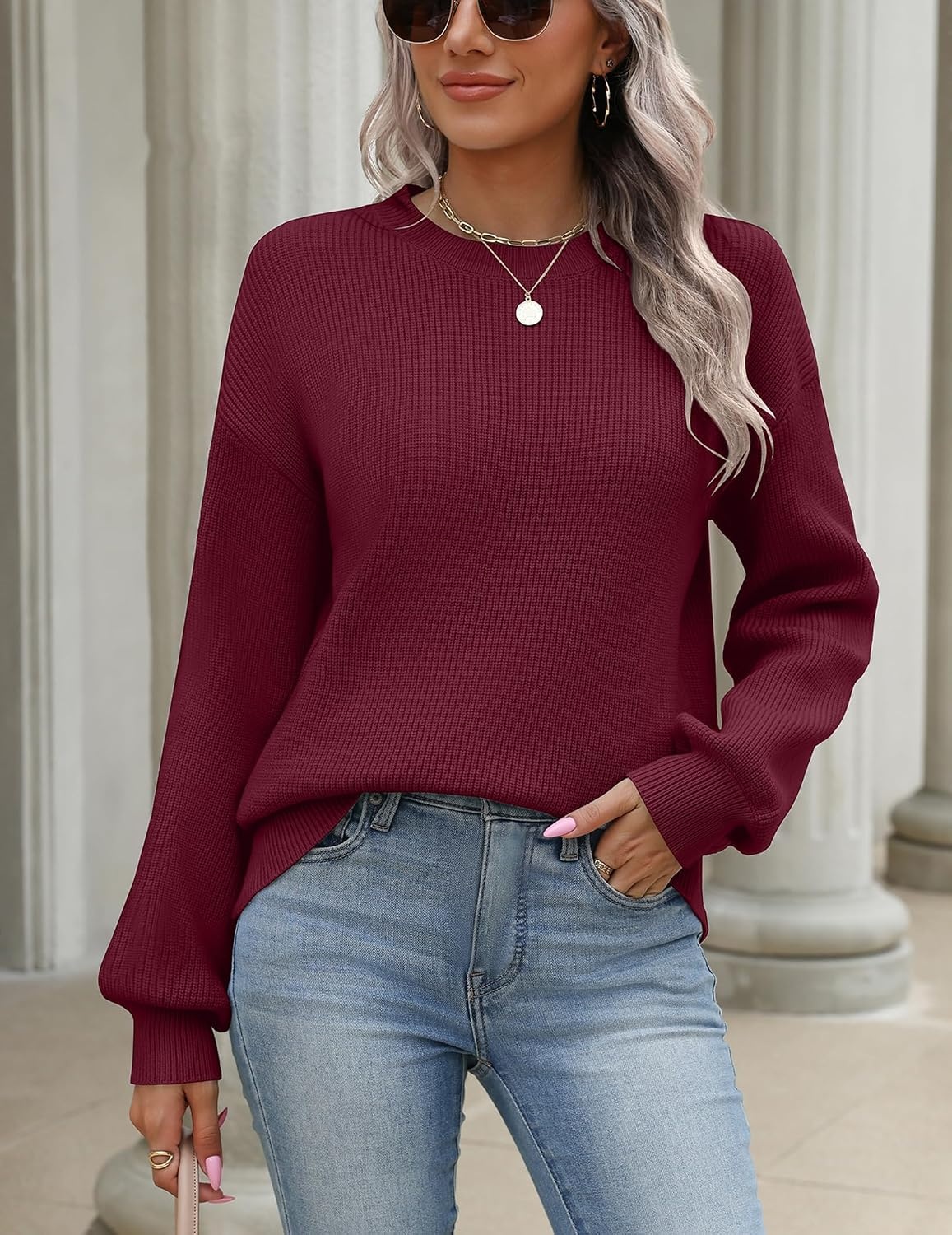 image:imageZeagoo Sweaters for Women 2026 Loose Fit Chunky Knit Casual Fall OutfitsWine Red