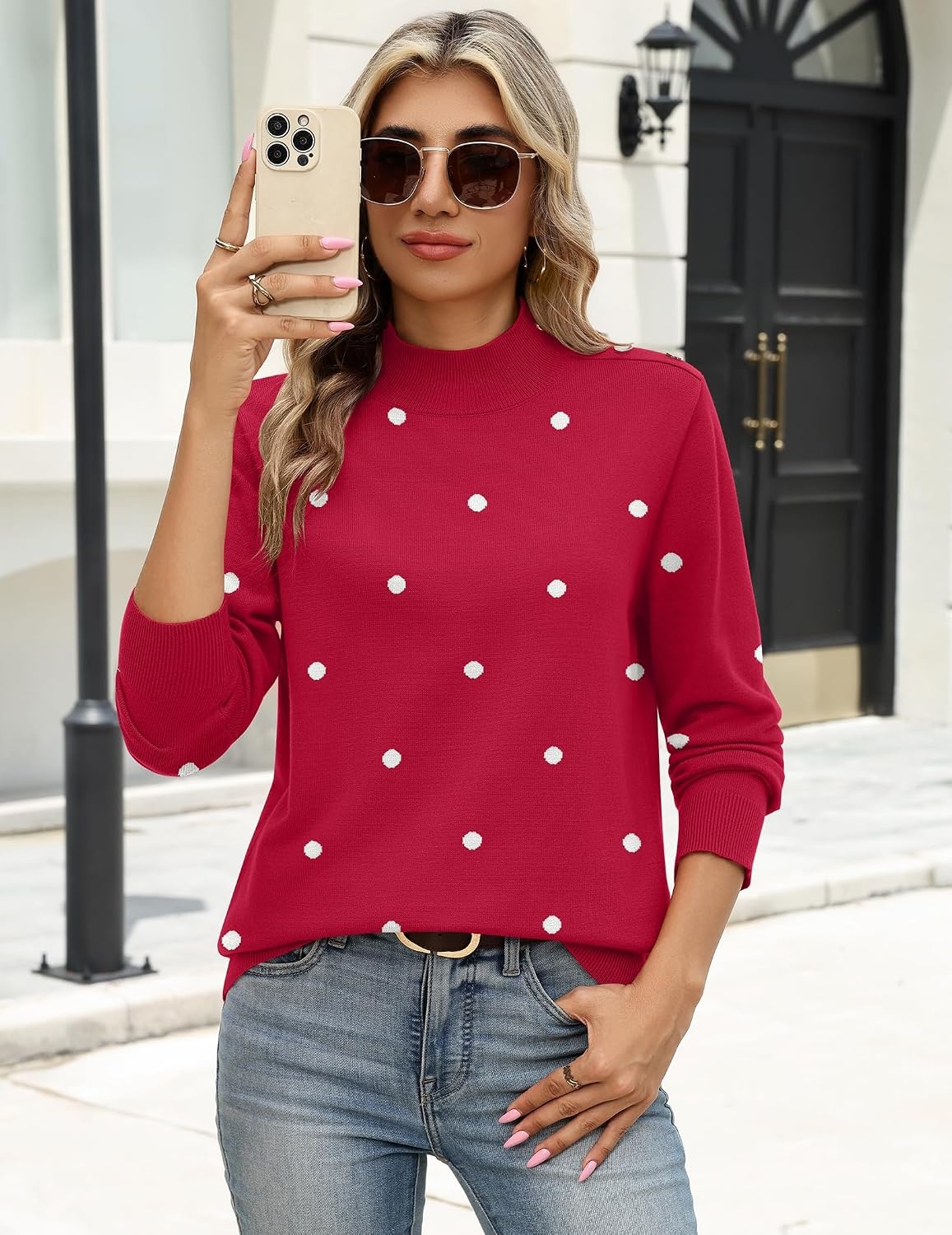 image:imageZeagoo Sweaters for Women Turtleneck Tops Long Sleeve Mock Neck PulloverPolka Dot Red