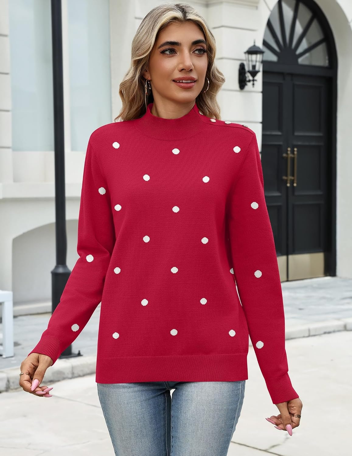 image:imageZeagoo Sweaters for Women Turtleneck Tops Long Sleeve Mock Neck PulloverPolka Dot Red
