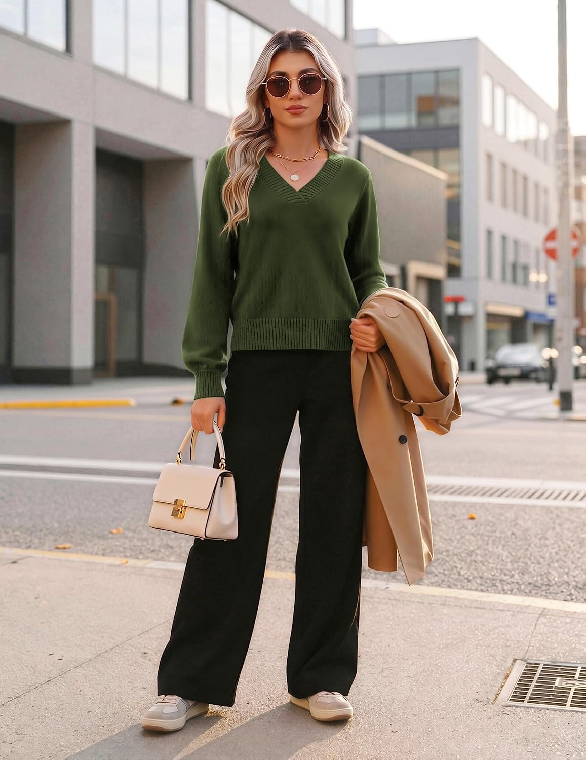 image:imageZeagoo Womens Cropped V Neck Sweaters 2026 Fall Trendy Long Latern Sleeve Ribbed Knit Pullover Sweater TopsArmy Green