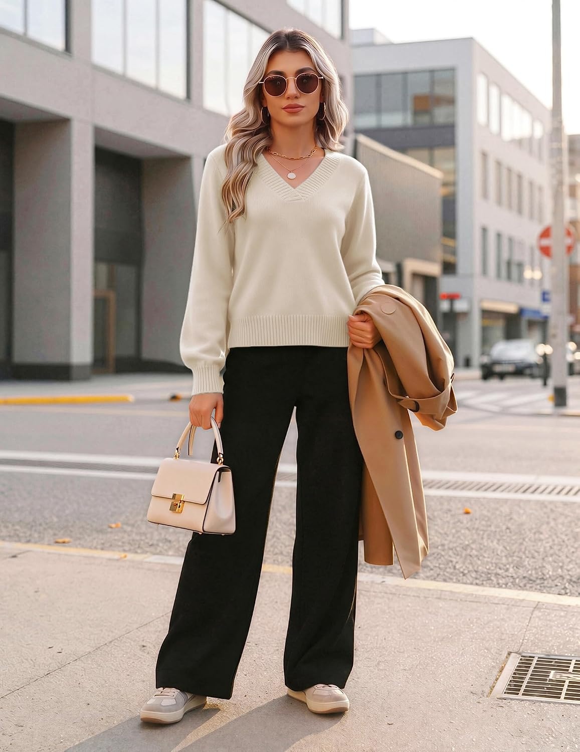 image:imageZeagoo Womens Cropped V Neck Sweaters 2026 Fall Trendy Long Latern Sleeve Ribbed Knit Pullover Sweater TopsBeige