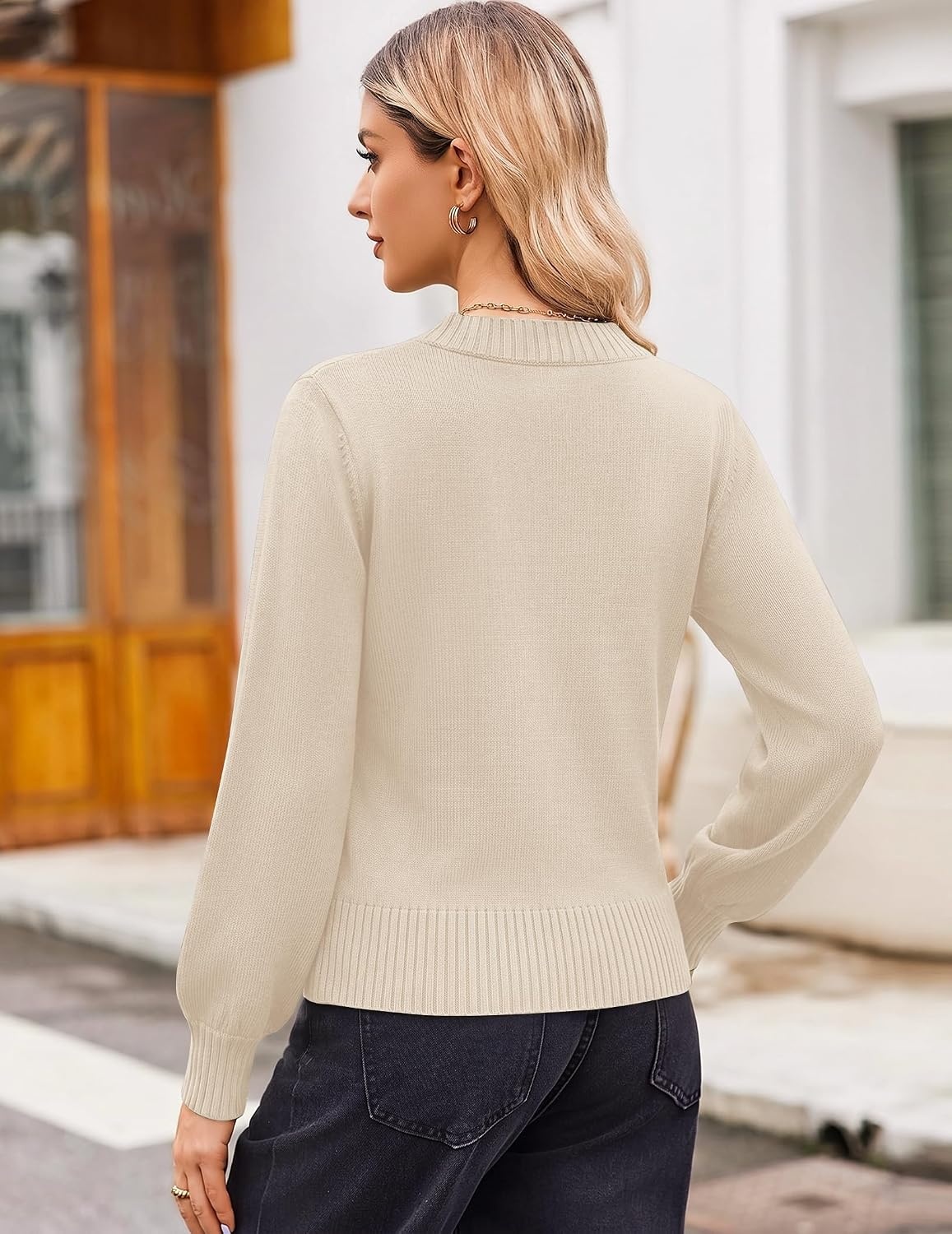 image:imageZeagoo Womens Cropped V Neck Sweaters 2026 Fall Trendy Long Latern Sleeve Ribbed Knit Pullover Sweater TopsBeige