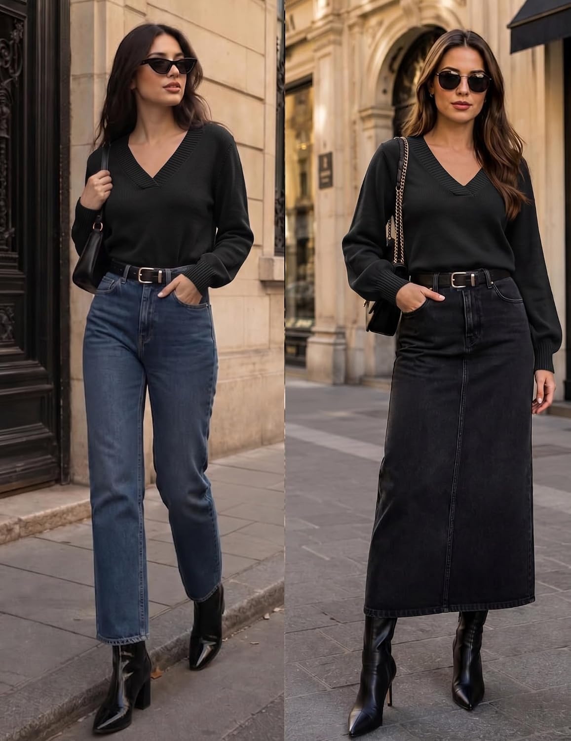 image:imageZeagoo Womens Cropped V Neck Sweaters 2026 Fall Trendy Long Latern Sleeve Ribbed Knit Pullover Sweater TopsBlack
