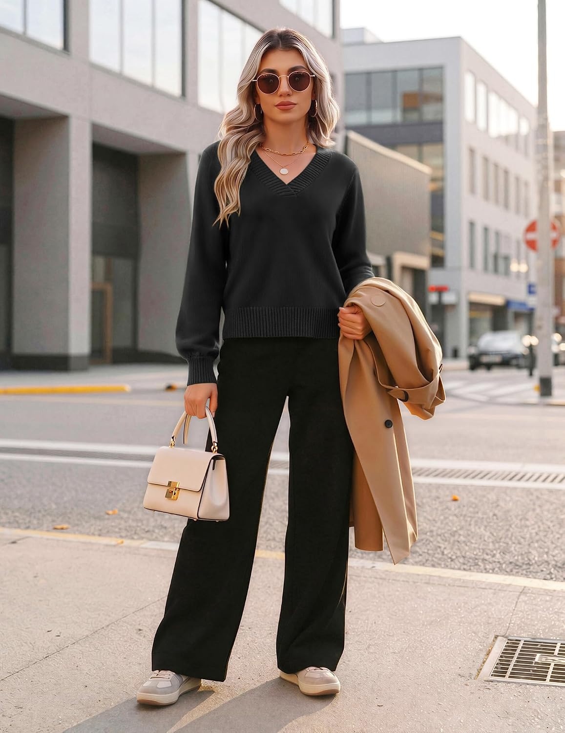 image:imageZeagoo Womens Cropped V Neck Sweaters 2026 Fall Trendy Long Latern Sleeve Ribbed Knit Pullover Sweater TopsBlack