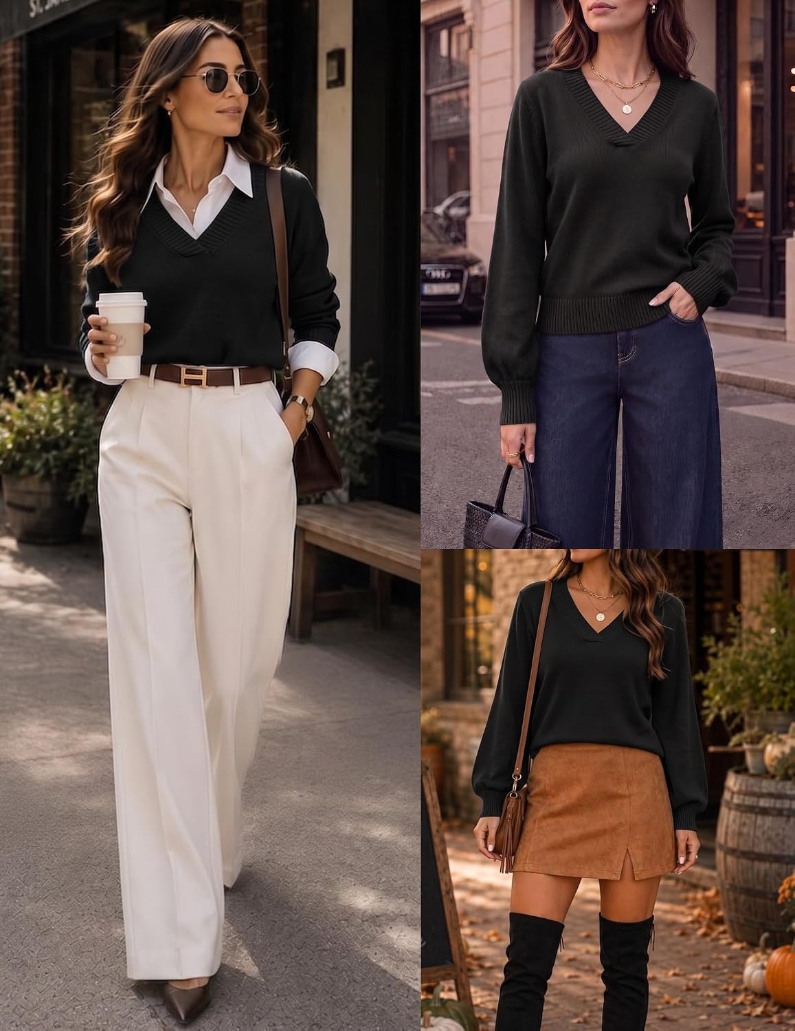 image:imageZeagoo Womens Cropped V Neck Sweaters 2026 Fall Trendy Long Latern Sleeve Ribbed Knit Pullover Sweater TopsBlack