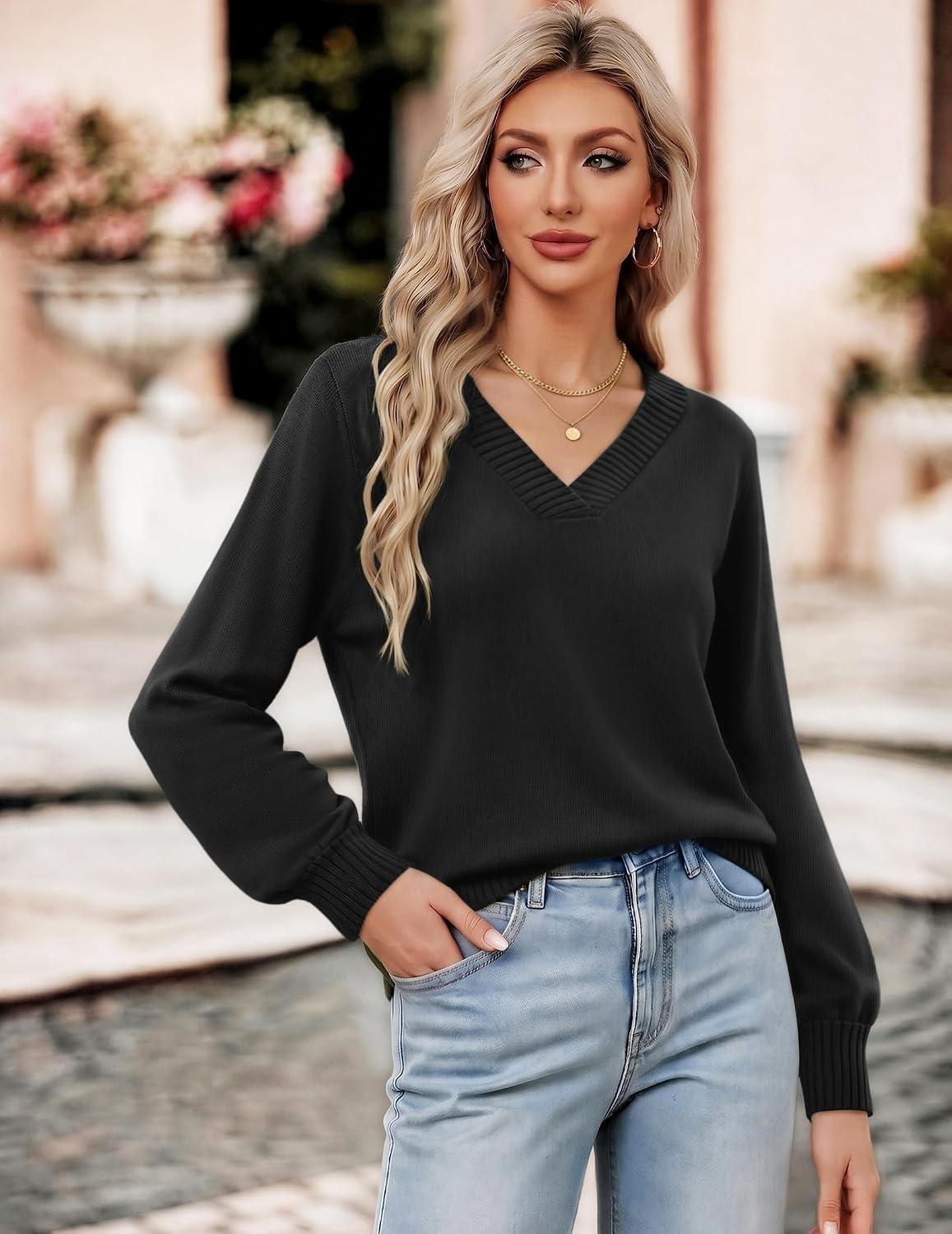 image:imageZeagoo Womens Cropped V Neck Sweaters 2026 Fall Trendy Long Latern Sleeve Ribbed Knit Pullover Sweater TopsBlack