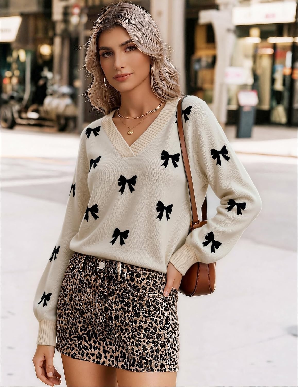 image:imageZeagoo Womens Cropped V Neck Sweaters 2026 Fall Trendy Long Latern Sleeve Ribbed Knit Pullover Sweater TopsBowblack Khaki