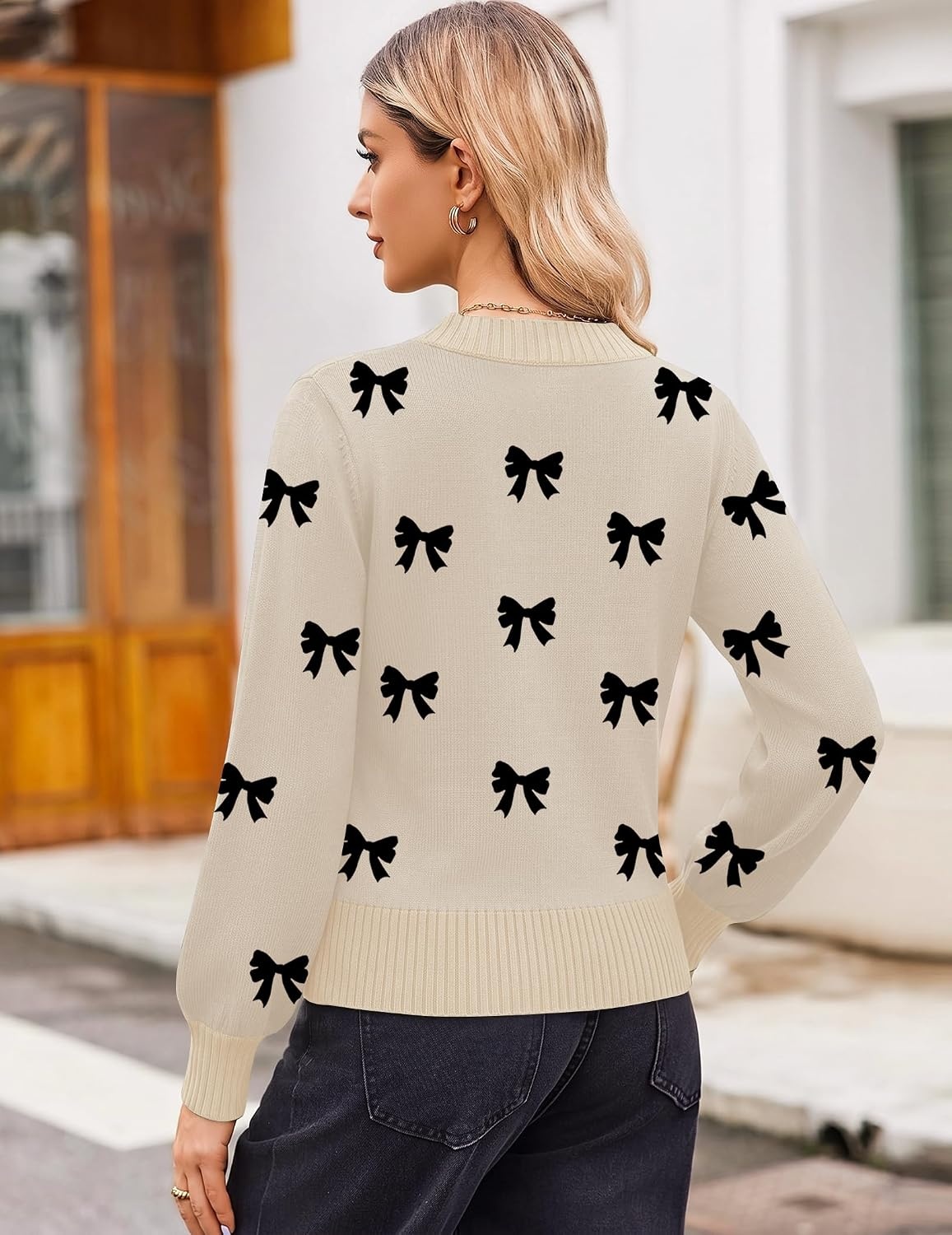 image:imageZeagoo Womens Cropped V Neck Sweaters 2026 Fall Trendy Long Latern Sleeve Ribbed Knit Pullover Sweater TopsBowblack Khaki