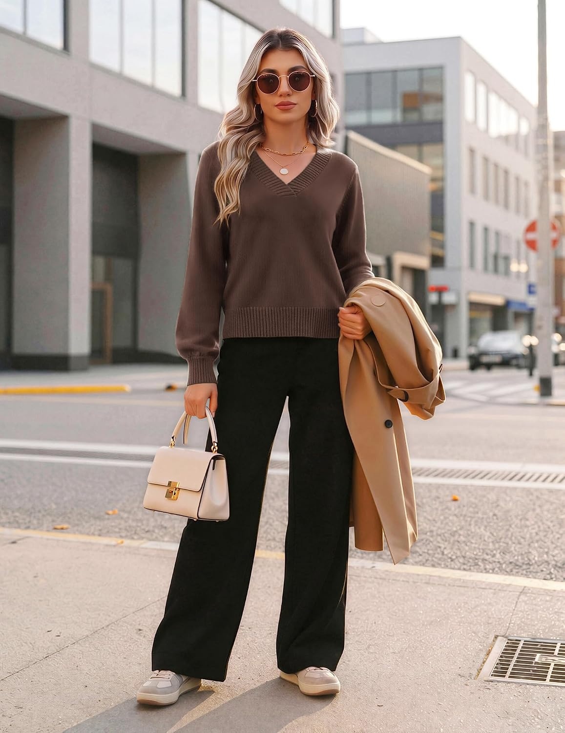 image:imageZeagoo Womens Cropped V Neck Sweaters 2026 Fall Trendy Long Latern Sleeve Ribbed Knit Pullover Sweater TopsBrown