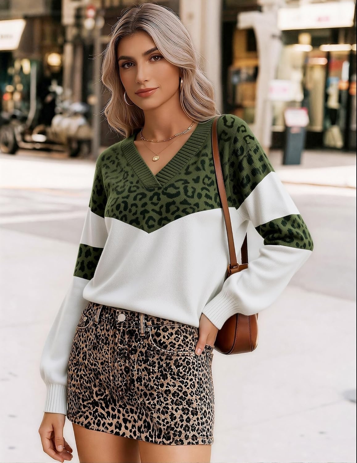 image:imageZeagoo Womens Cropped V Neck Sweaters 2026 Fall Trendy Long Latern Sleeve Ribbed Knit Pullover Sweater TopsLeopardarmy White
