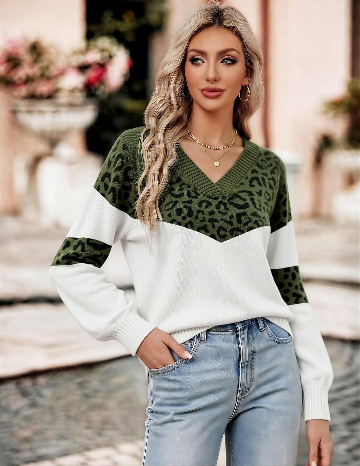 image:imageZeagoo Womens Cropped V Neck Sweaters 2026 Fall Trendy Long Latern Sleeve Ribbed Knit Pullover Sweater TopsLeopardarmy White