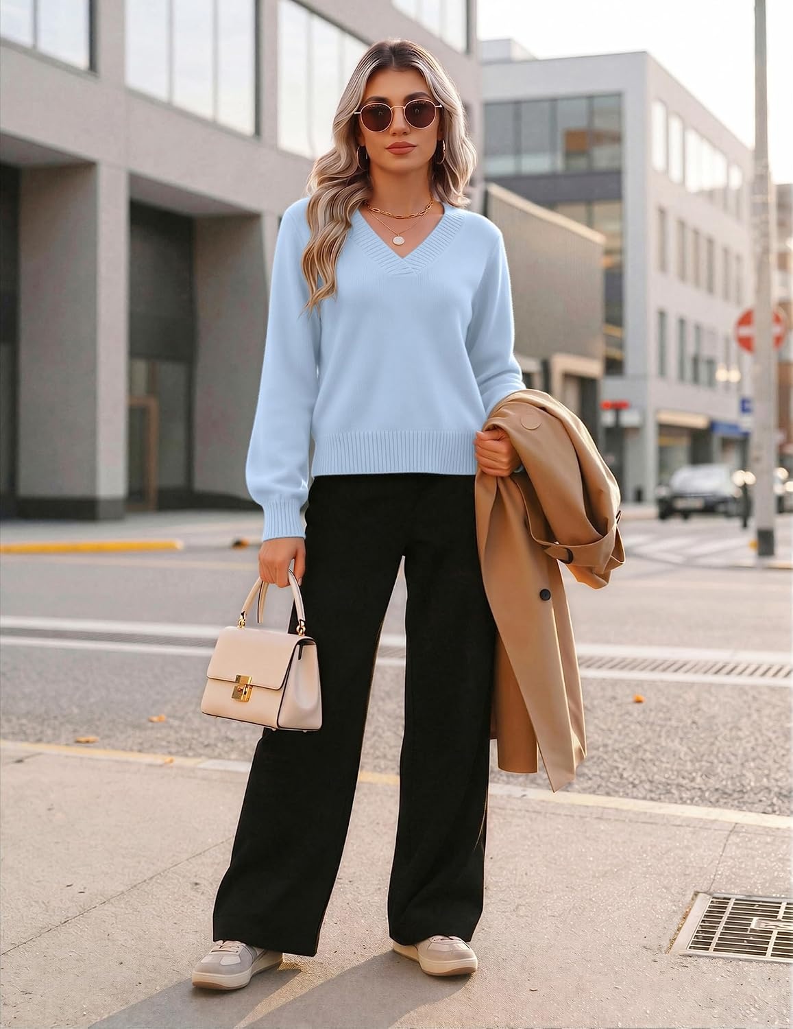 image:imageZeagoo Womens Cropped V Neck Sweaters 2026 Fall Trendy Long Latern Sleeve Ribbed Knit Pullover Sweater TopsLight Blue