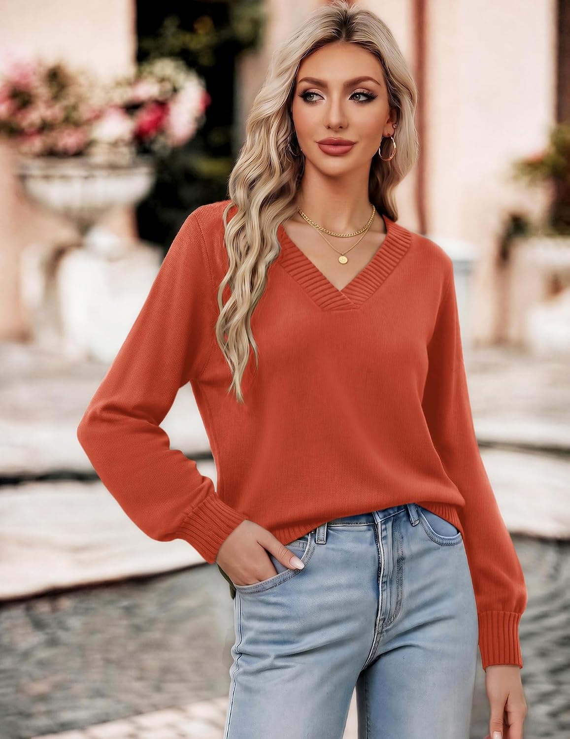 image:imageZeagoo Womens Cropped V Neck Sweaters 2026 Fall Trendy Long Latern Sleeve Ribbed Knit Pullover Sweater TopsOrange