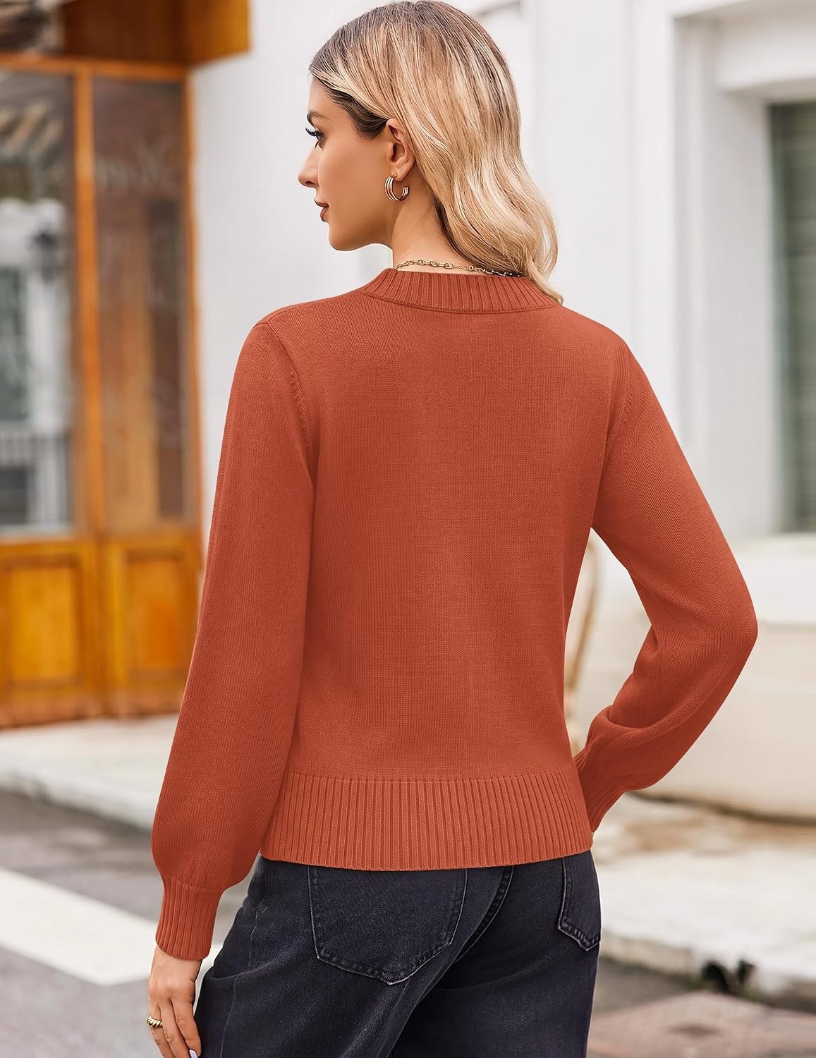 image:imageZeagoo Womens Cropped V Neck Sweaters 2026 Fall Trendy Long Latern Sleeve Ribbed Knit Pullover Sweater TopsOrange