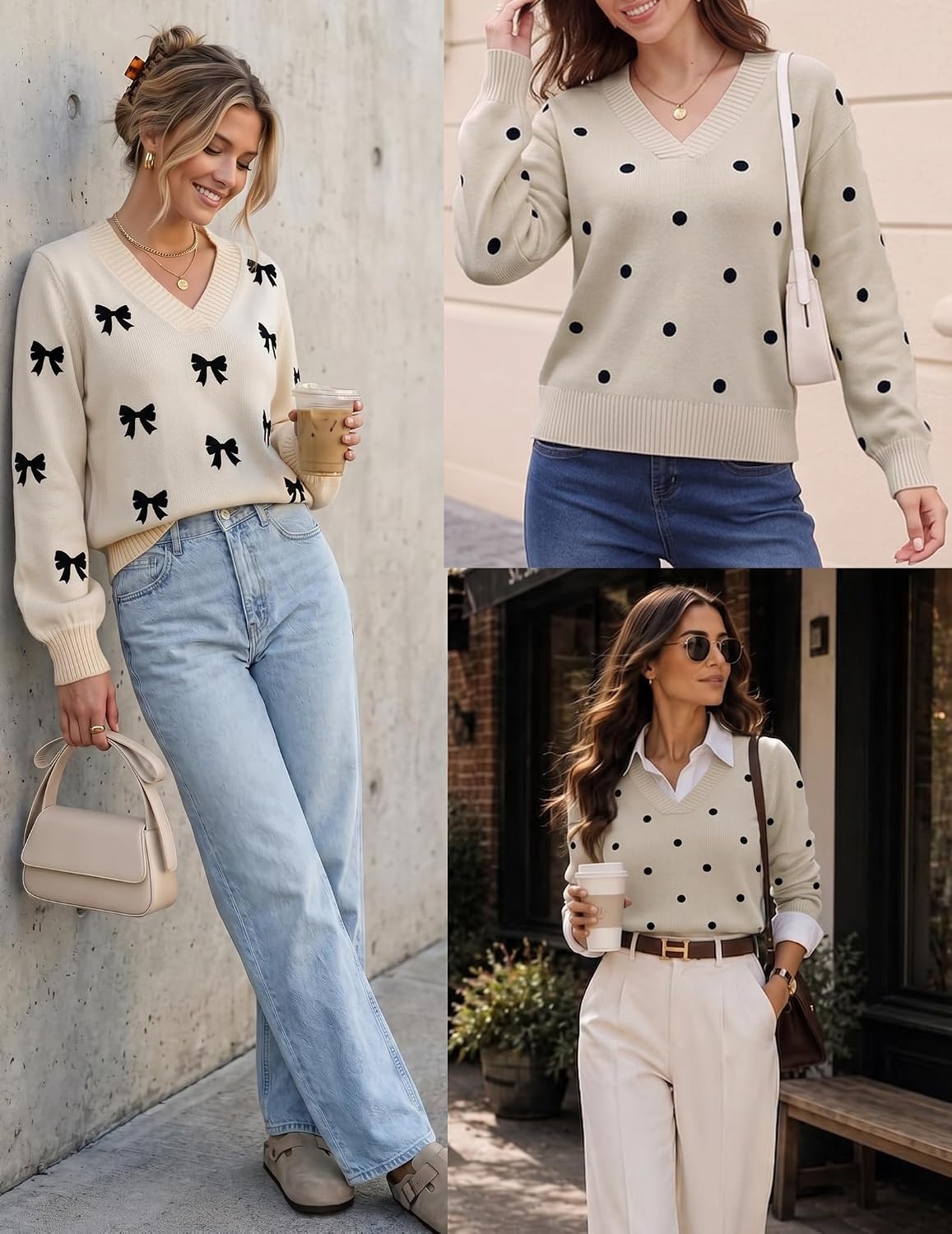 image:imageZeagoo Womens Cropped V Neck Sweaters 2026 Fall Trendy Long Latern Sleeve Ribbed Knit Pullover Sweater TopsPolka Dotkhaki