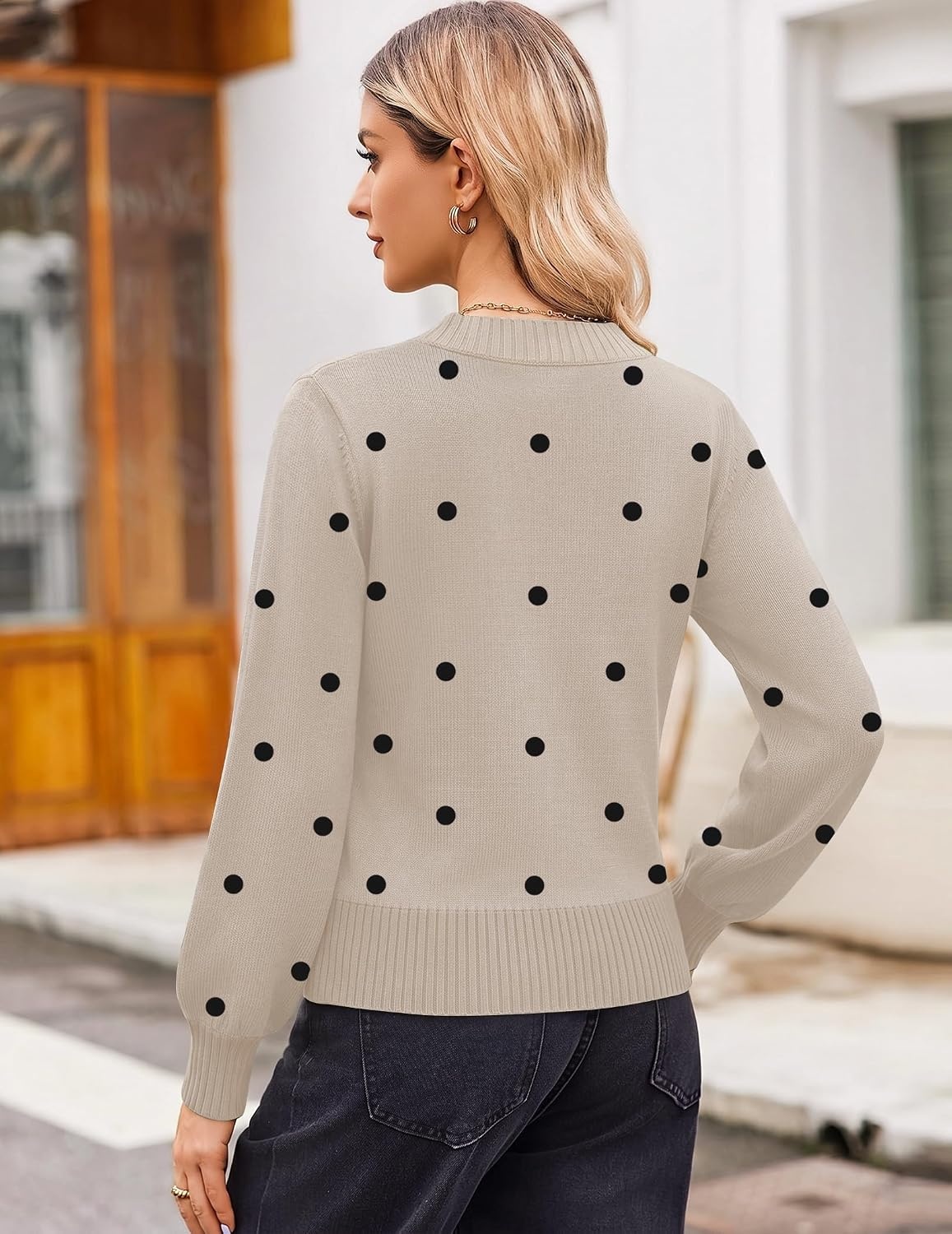 image:imageZeagoo Womens Cropped V Neck Sweaters 2026 Fall Trendy Long Latern Sleeve Ribbed Knit Pullover Sweater TopsPolka Dotkhaki