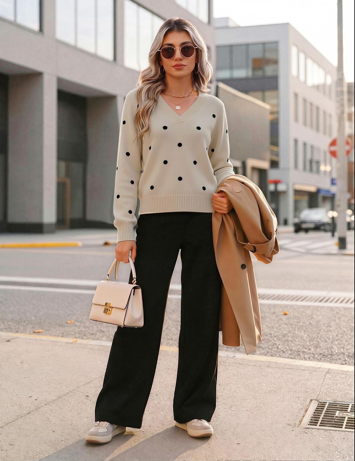 image:imageZeagoo Womens Cropped V Neck Sweaters 2026 Fall Trendy Long Latern Sleeve Ribbed Knit Pullover Sweater TopsPolka Dotkhaki