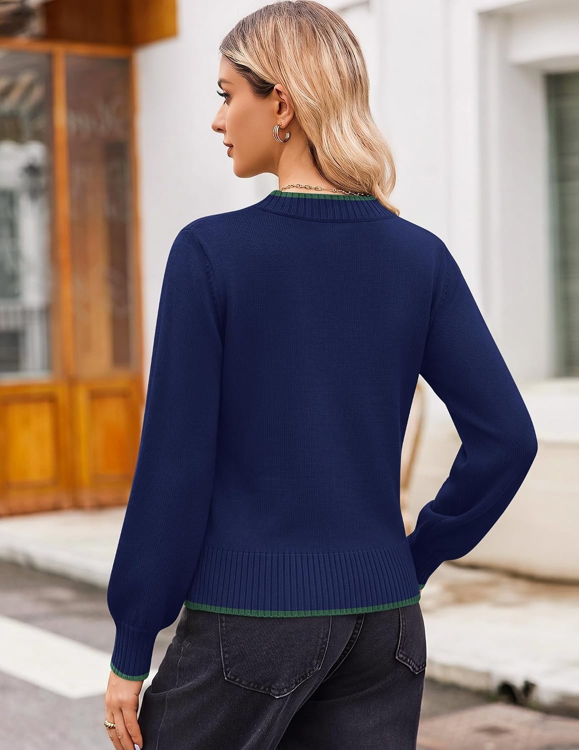 image:imageZeagoo Womens Cropped V Neck Sweaters 2026 Fall Trendy Long Latern Sleeve Ribbed Knit Pullover Sweater TopsStriped Blue