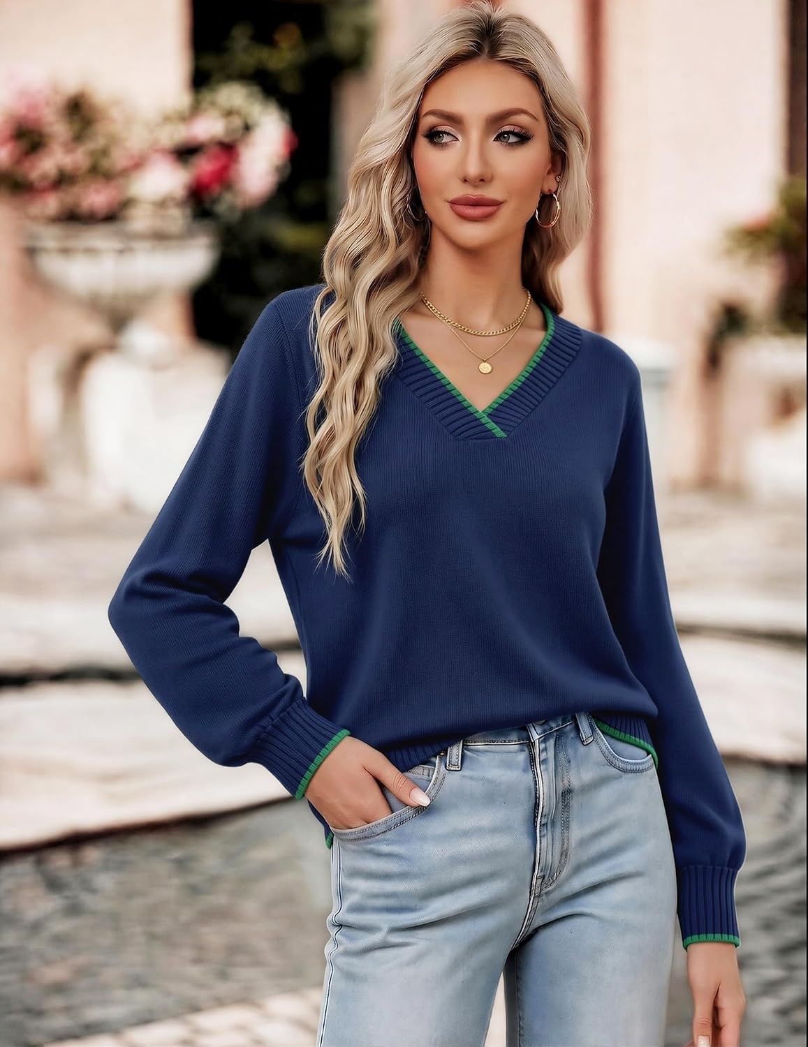 image:imageZeagoo Womens Cropped V Neck Sweaters 2026 Fall Trendy Long Latern Sleeve Ribbed Knit Pullover Sweater TopsStriped Blue