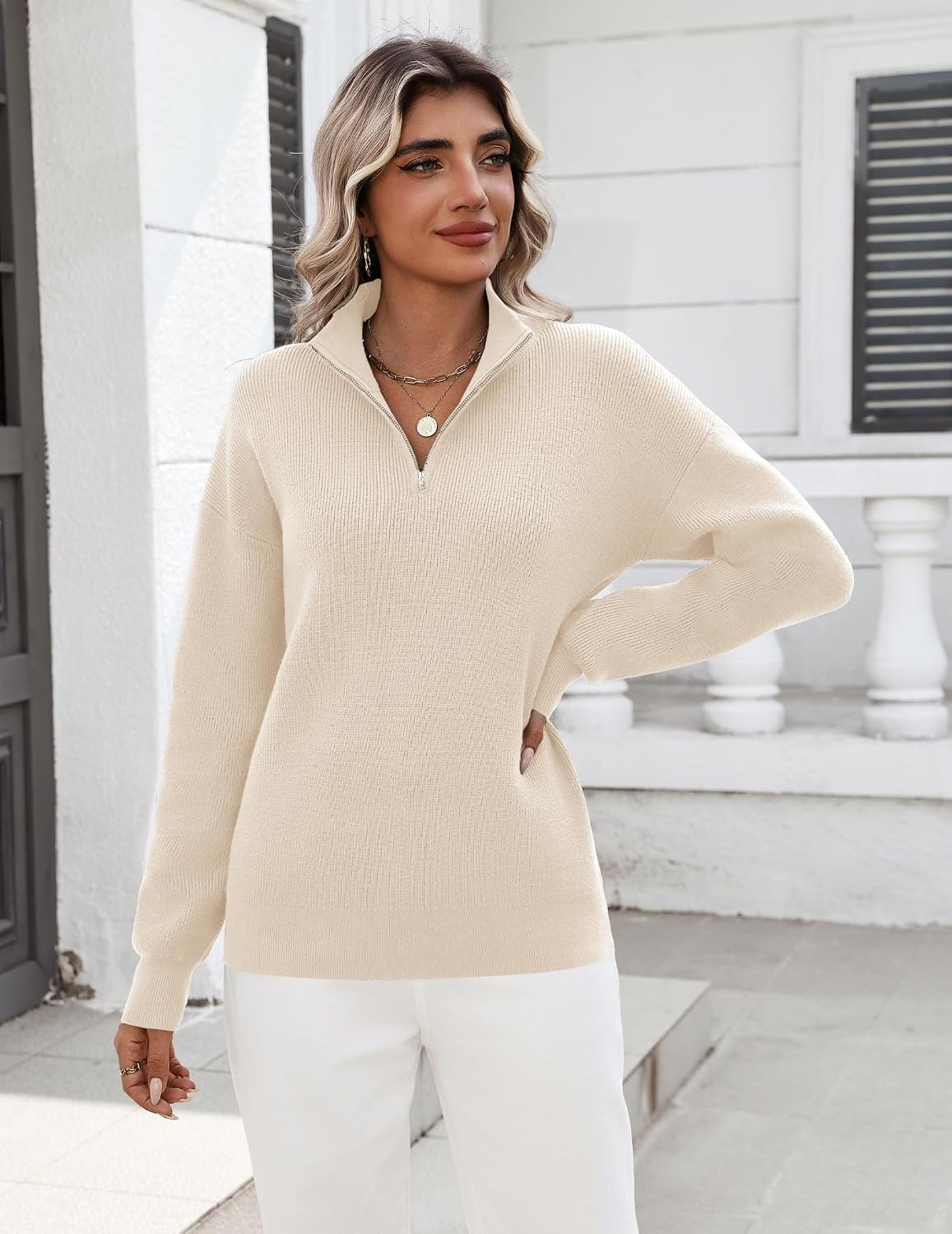 image:imageZeagoo Womens Fall Long Sleeve Quarter Zip Sweaters Knit Pullover TopsBeige