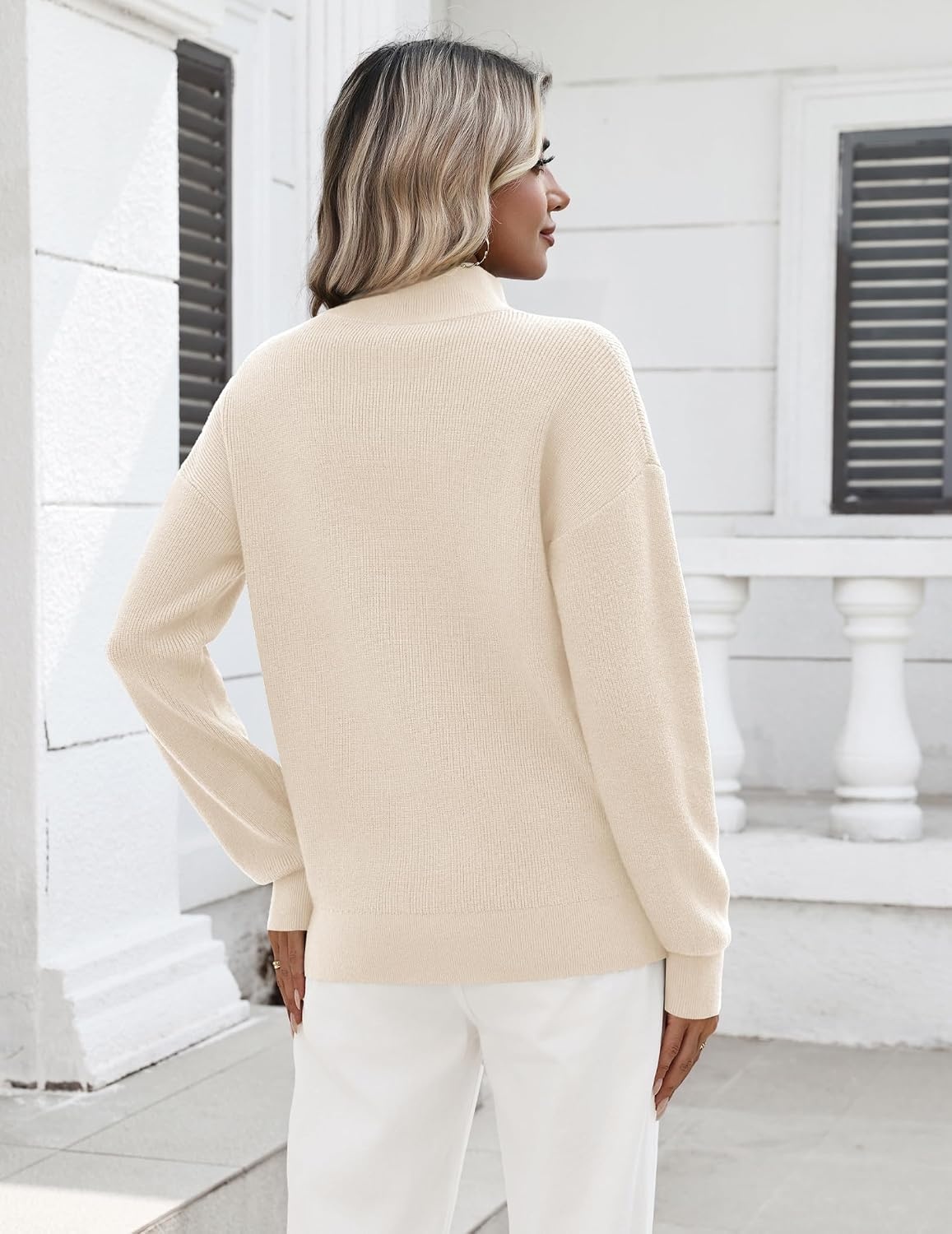 image:imageZeagoo Womens Fall Long Sleeve Quarter Zip Sweaters Knit Pullover TopsBeige