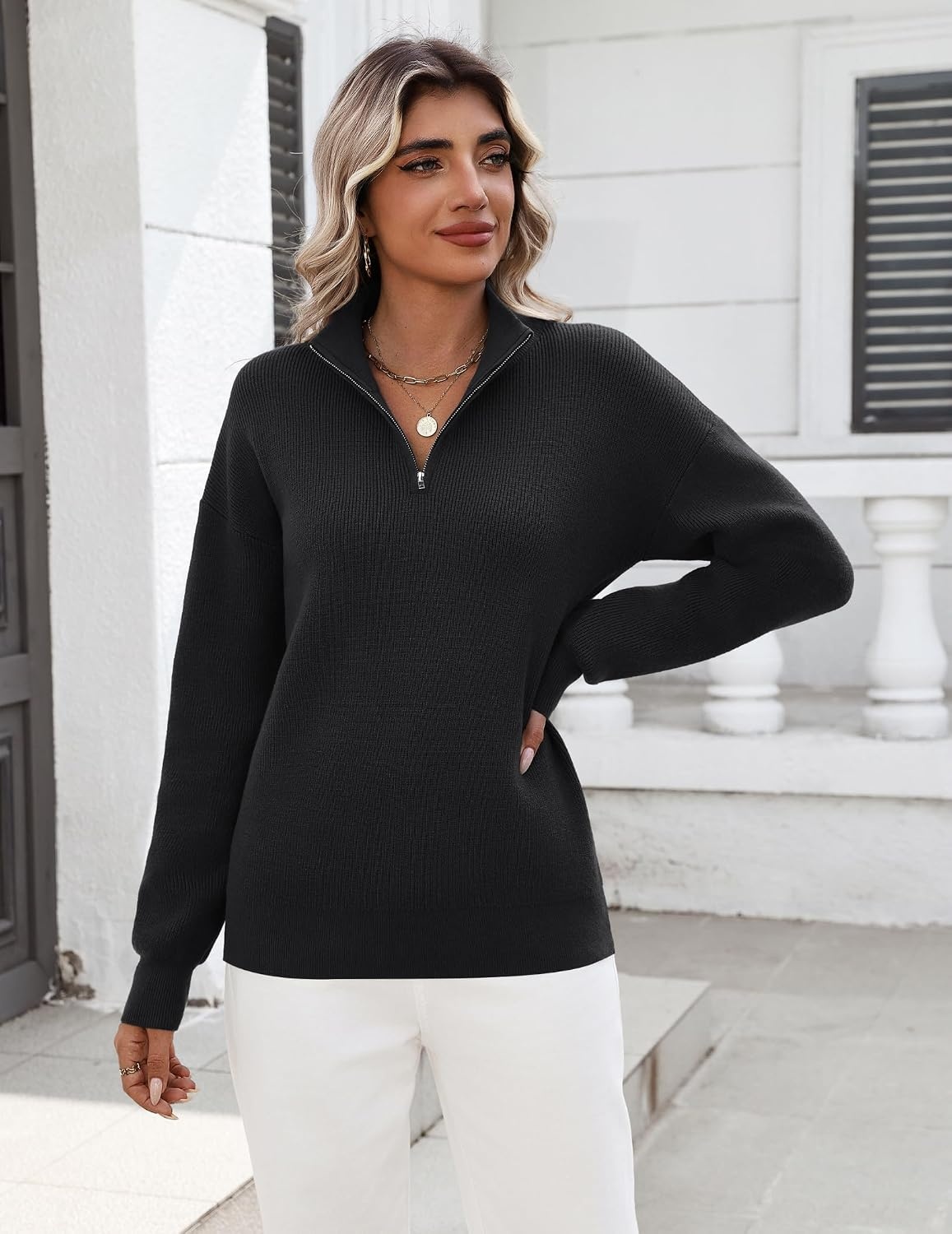 image:imageZeagoo Womens Fall Long Sleeve Quarter Zip Sweaters Knit Pullover TopsBlack