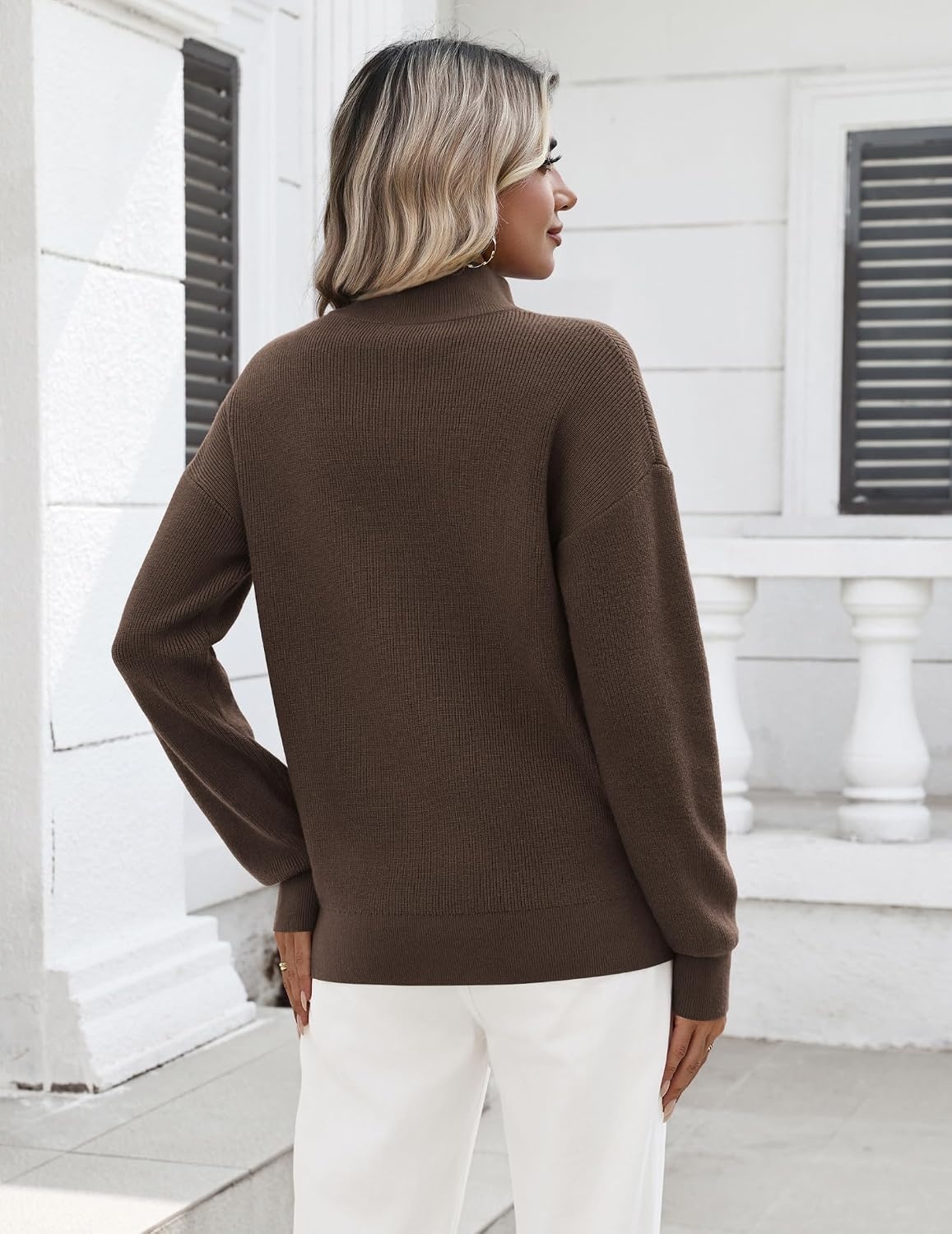 image:imageZeagoo Womens Fall Long Sleeve Quarter Zip Sweaters Knit Pullover TopsBrown