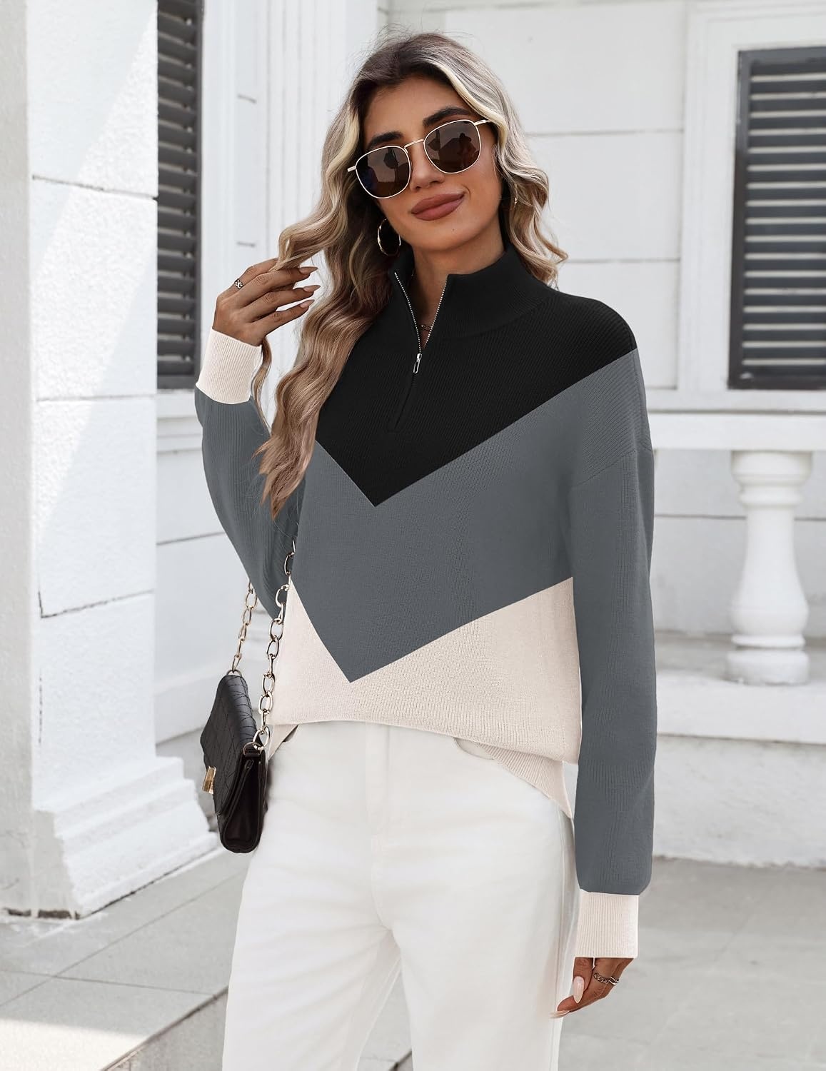 image:imageZeagoo Womens Fall Long Sleeve Quarter Zip Sweaters Knit Pullover TopsColorblock Grey