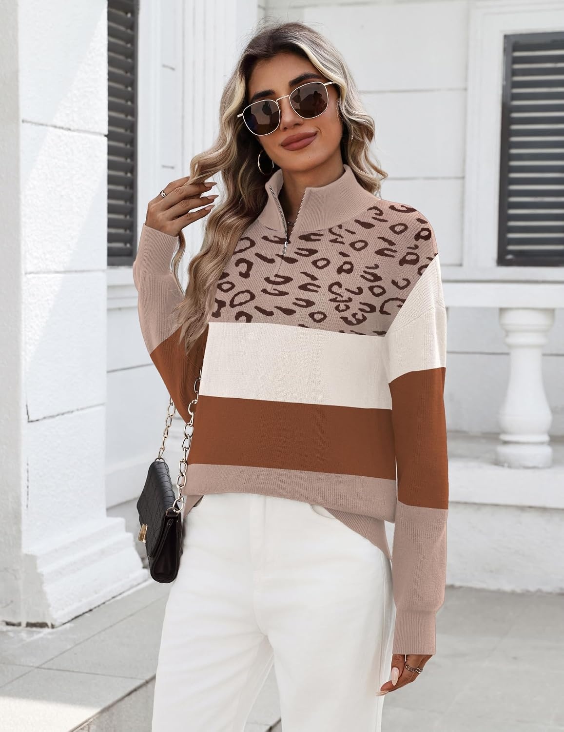 image:imageZeagoo Womens Fall Long Sleeve Quarter Zip Sweaters Knit Pullover TopsColorblock Leopard