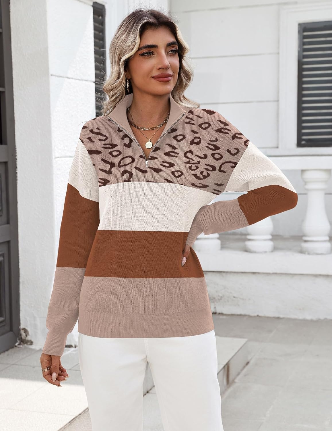 image:imageZeagoo Womens Fall Long Sleeve Quarter Zip Sweaters Knit Pullover TopsColorblock Leopard