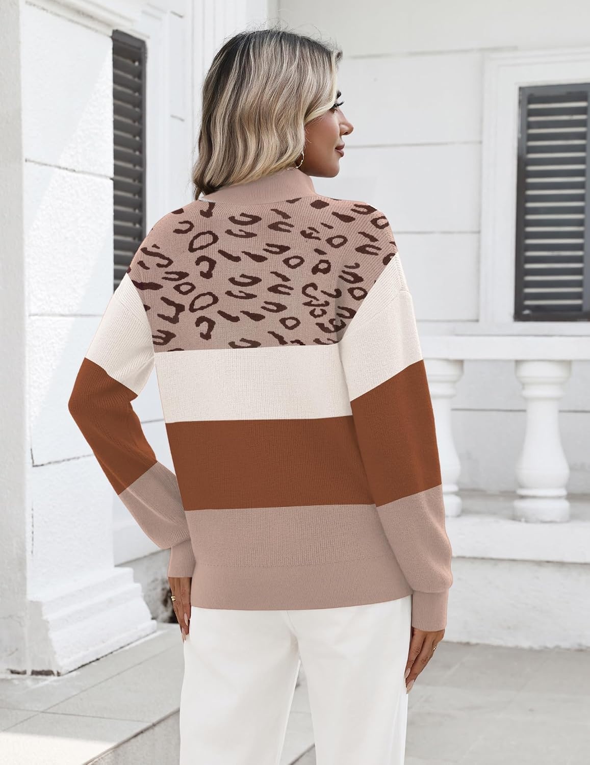 image:imageZeagoo Womens Fall Long Sleeve Quarter Zip Sweaters Knit Pullover TopsColorblock Leopard