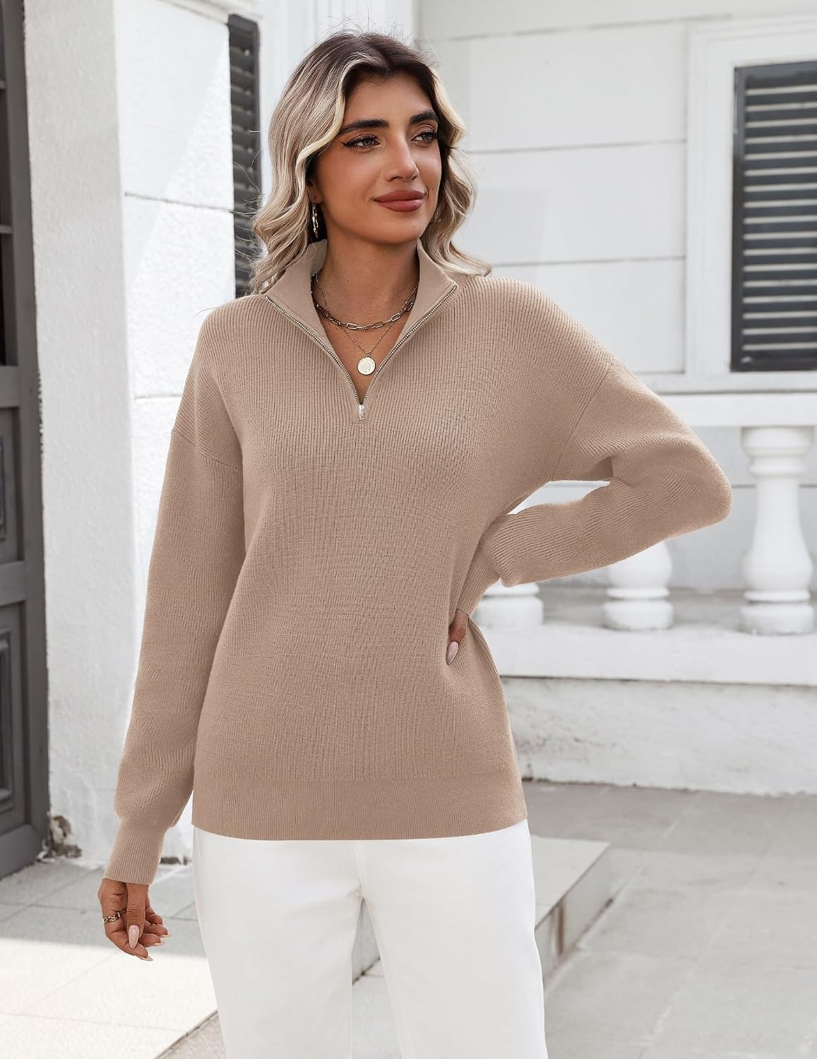 image:imageZeagoo Womens Fall Long Sleeve Quarter Zip Sweaters Knit Pullover TopsKhaki