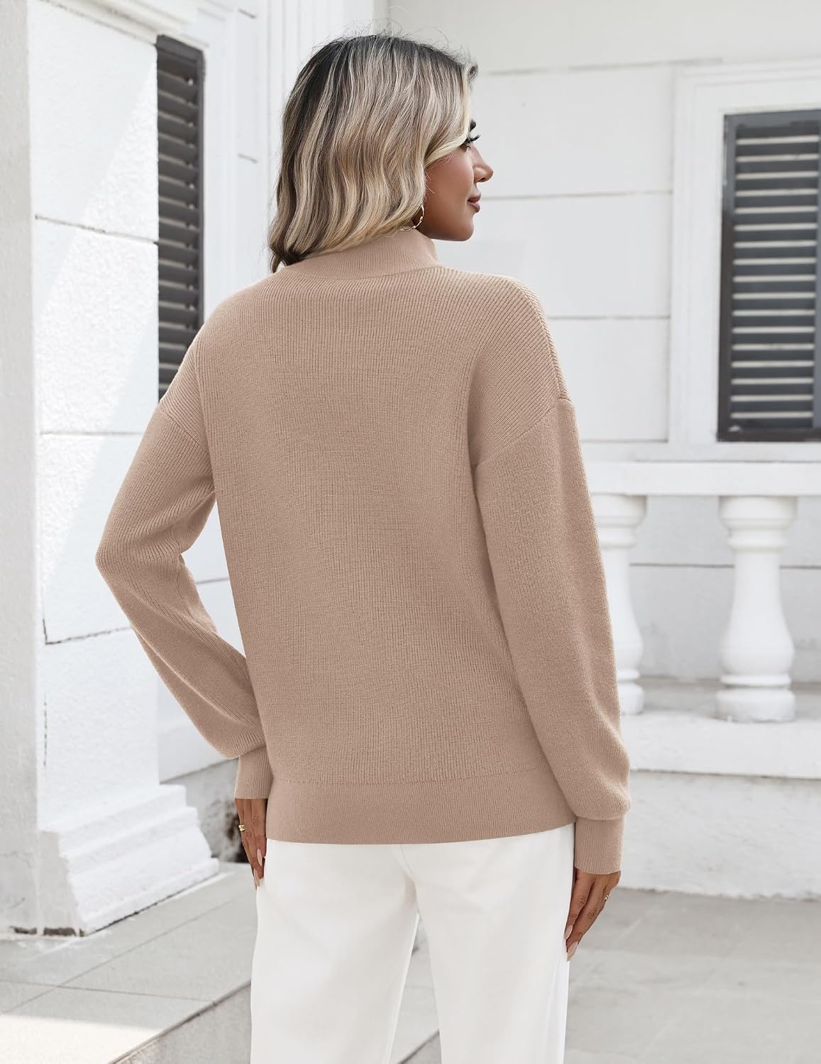 image:imageZeagoo Womens Fall Long Sleeve Quarter Zip Sweaters Knit Pullover TopsKhaki