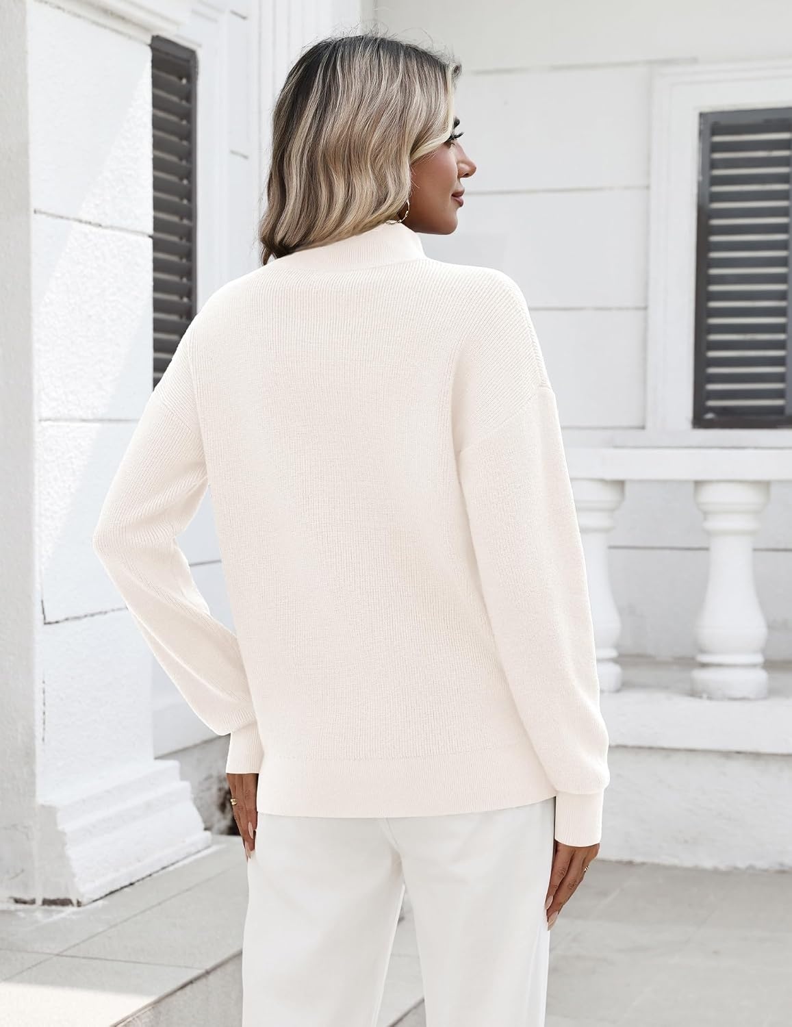 image:imageZeagoo Womens Fall Long Sleeve Quarter Zip Sweaters Knit Pullover TopsWhite