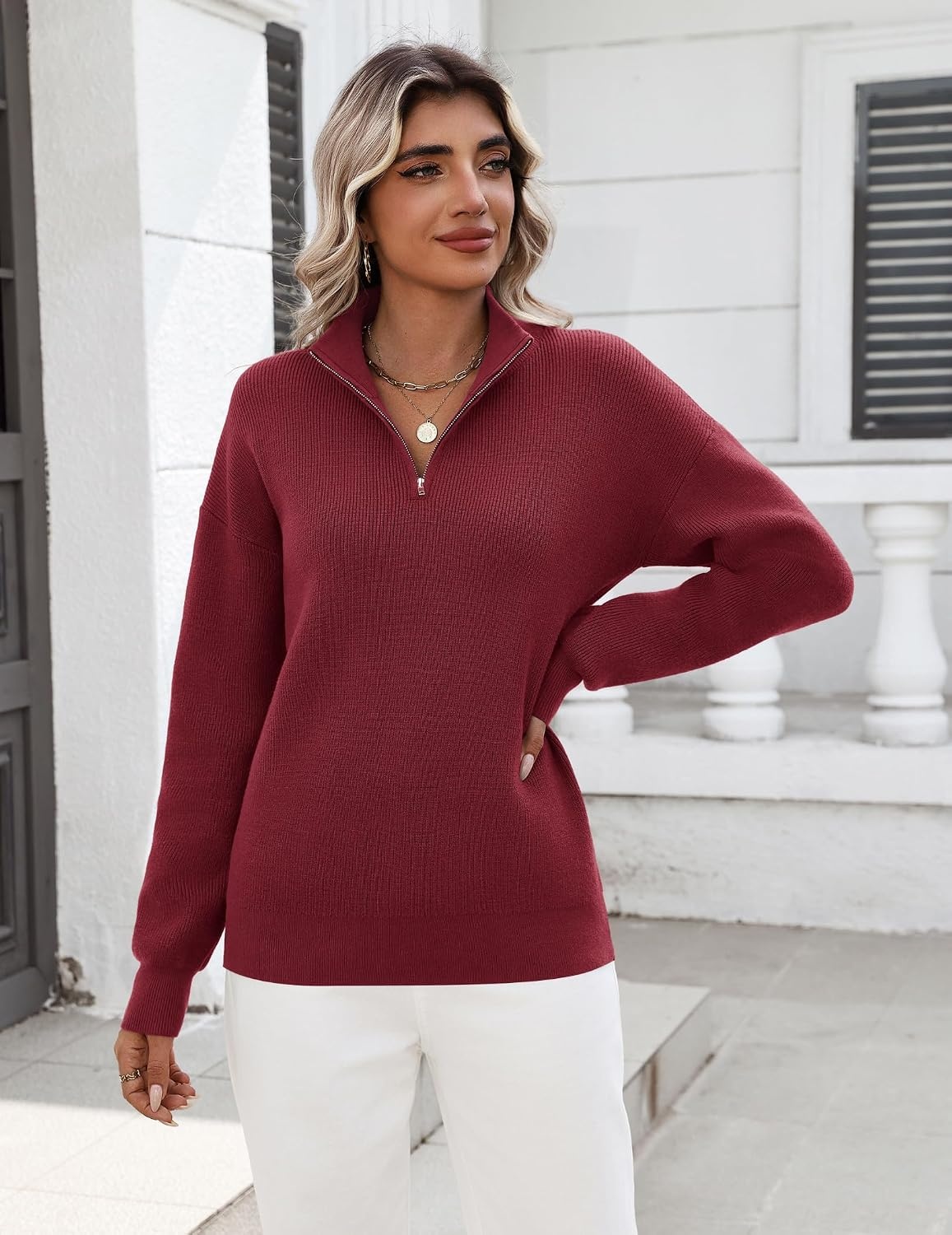 image:imageZeagoo Womens Fall Long Sleeve Quarter Zip Sweaters Knit Pullover TopsWine Red