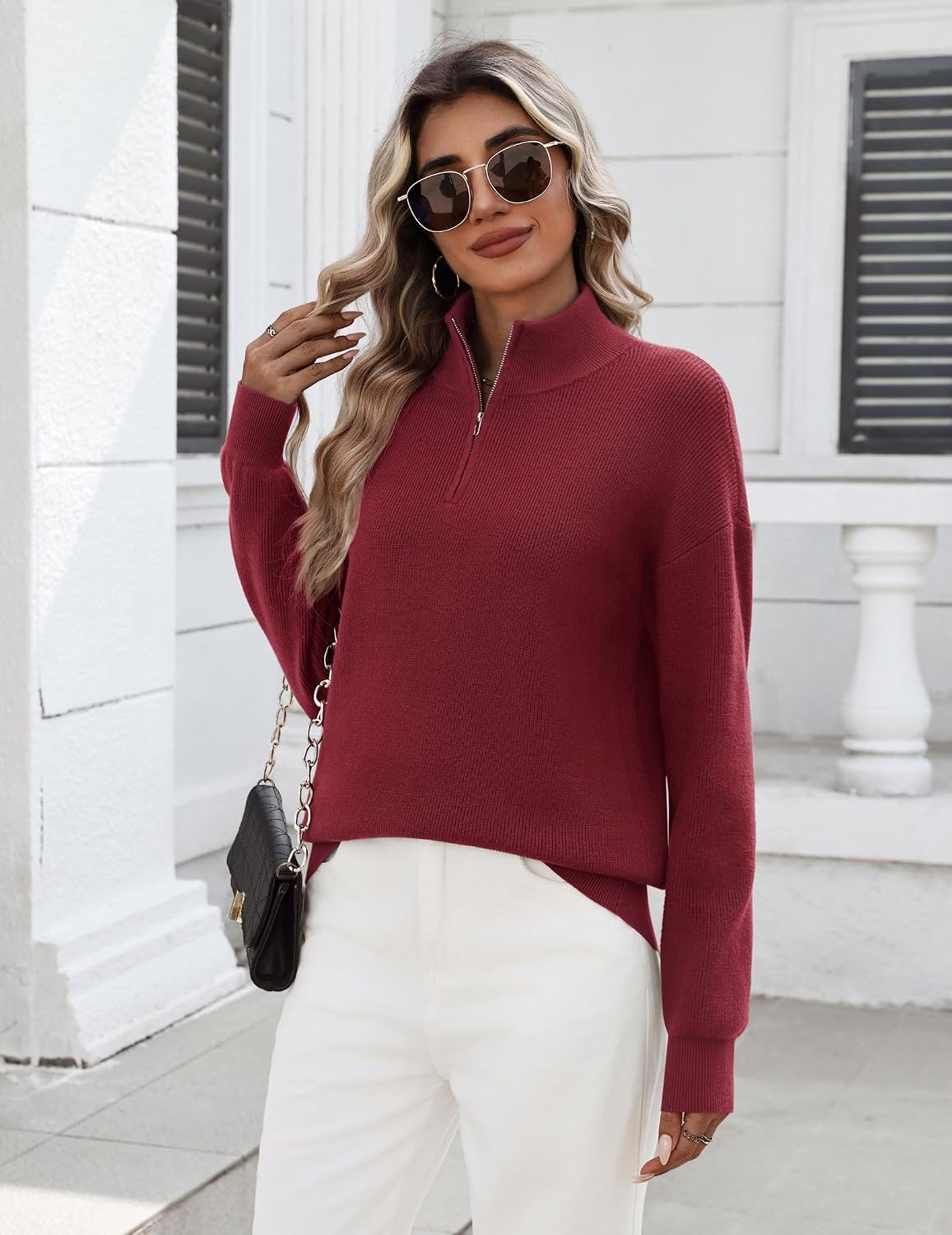 image:imageZeagoo Womens Fall Long Sleeve Quarter Zip Sweaters Knit Pullover TopsWine Red