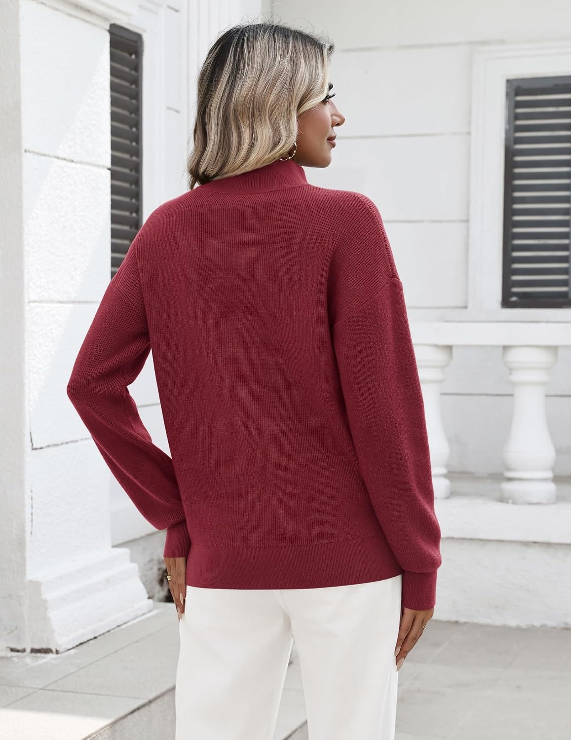 image:imageZeagoo Womens Fall Long Sleeve Quarter Zip Sweaters Knit Pullover TopsWine Red
