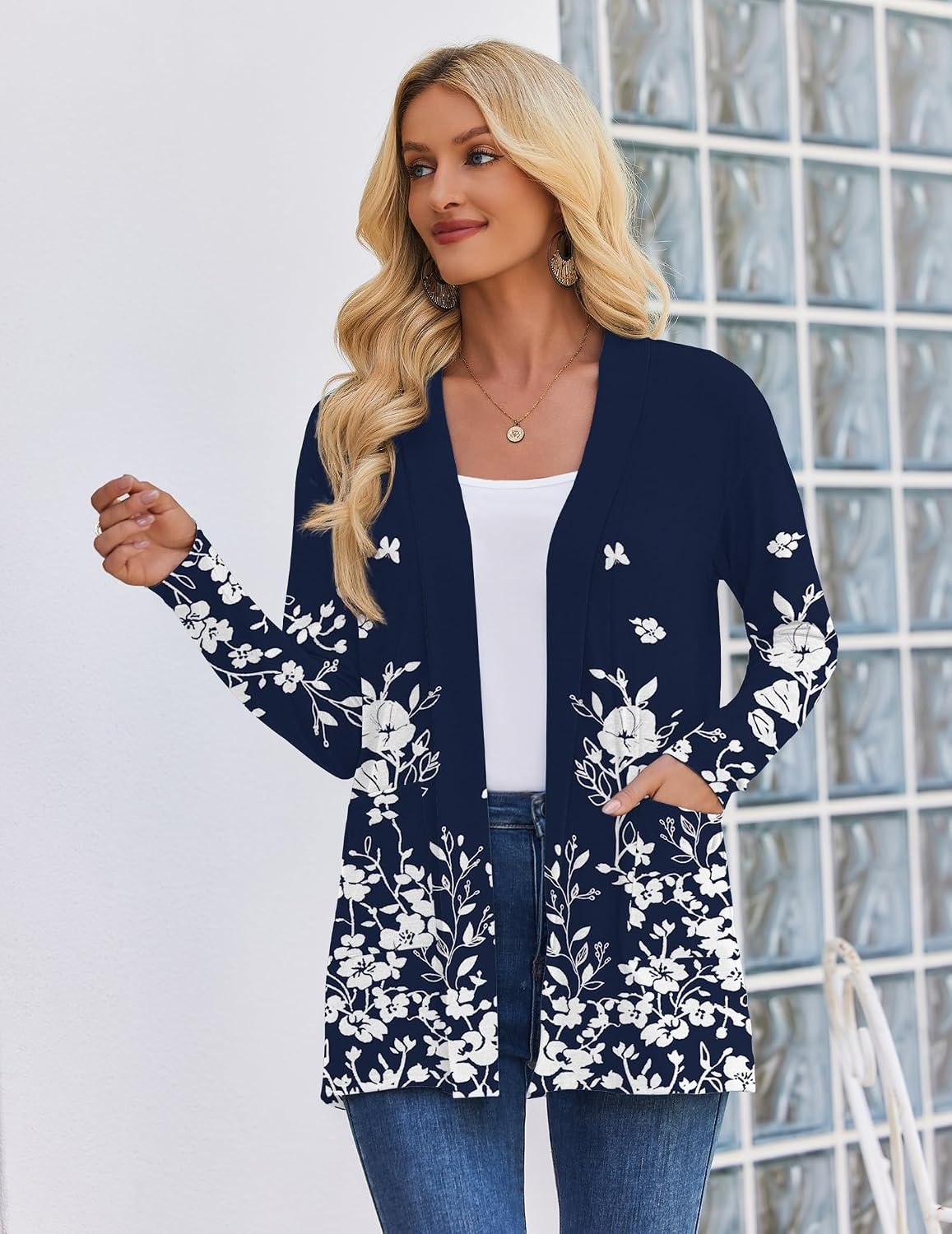image:imageZeagoo Womens Lightweight Cardigan Open Front Long Sleeve Casual CardigansAfloral Navy 103